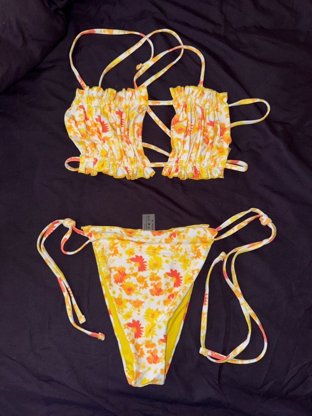SHEIN Itty Bitty Yellow Orange Floral Ruffle Tie-Side Bikini